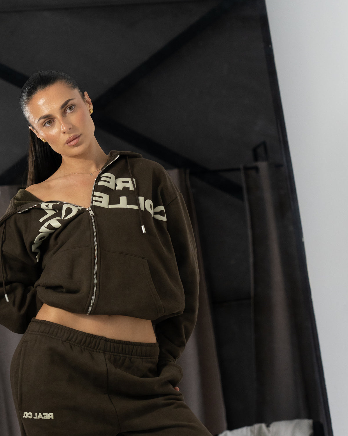 After Hours chocolate brown zip hoodie and wide leg pant